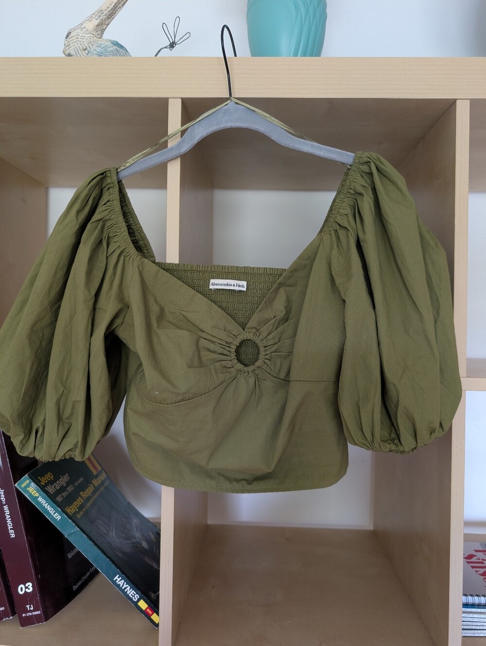 Abercrombie & Fitch Olive Green Ring-Front Puff Sleeve Crop Top
